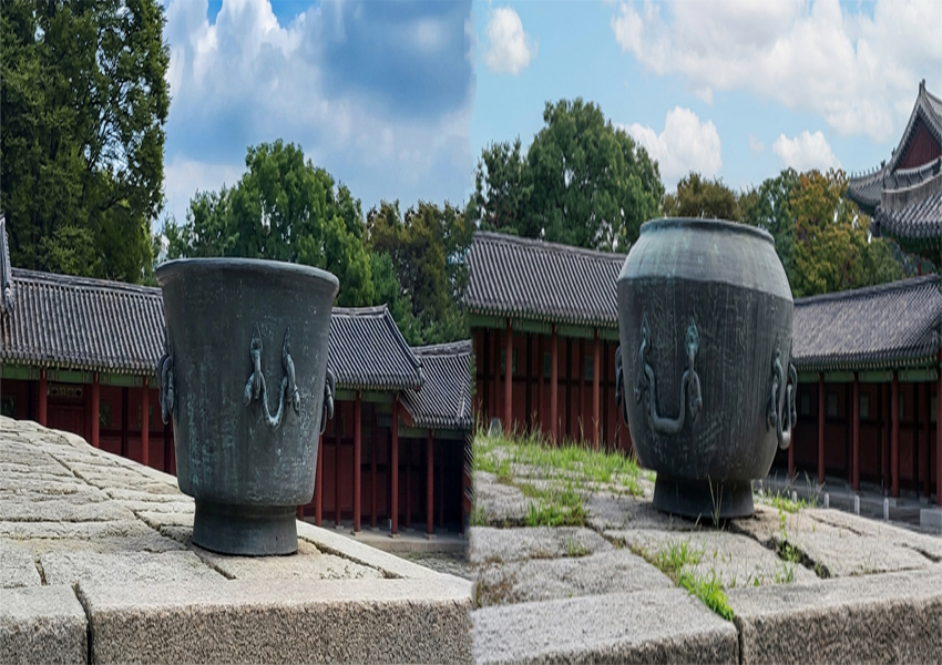 경희궁 내에 비치된 드므('넓적하게 생긴 큰 독'이라는 뜻의 순우리말)